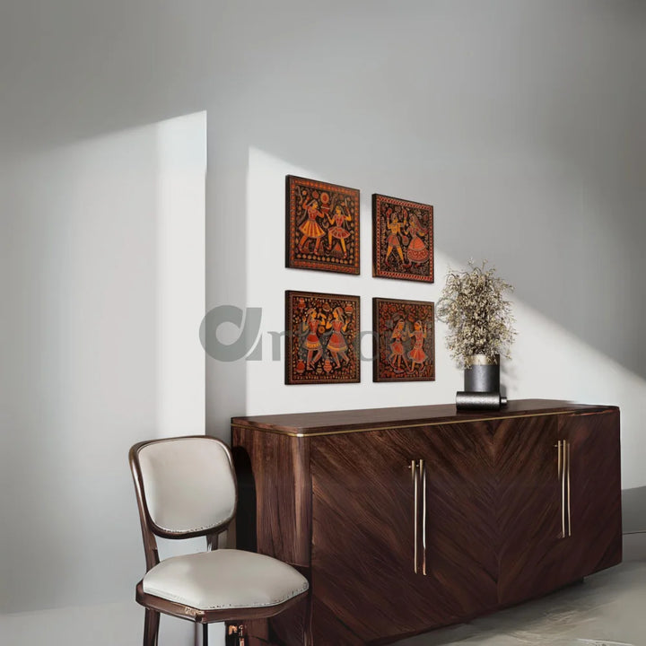 Dancing Couple Madhubani Art (Set of 4) Canvas Giclee Prints 10X10 INCHES