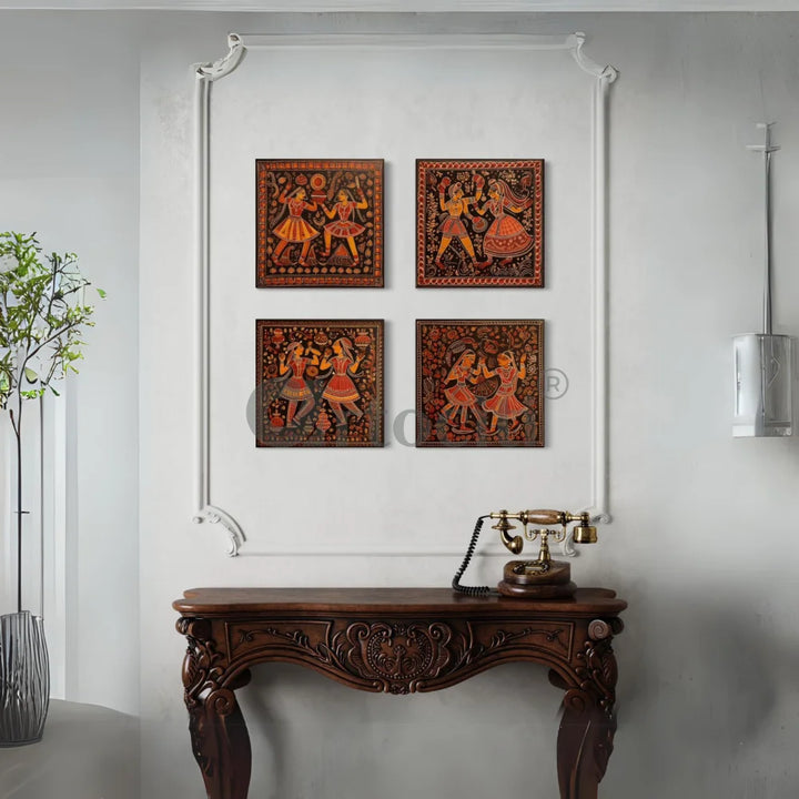 Dancing Couple Madhubani Art (Set of 4) Canvas Giclee Prints 10X10 INCHES