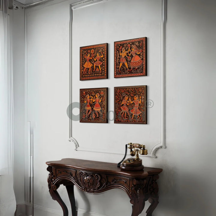 Dancing Couple Madhubani Art (Set of 4) Canvas Giclee Prints 10X10 INCHES