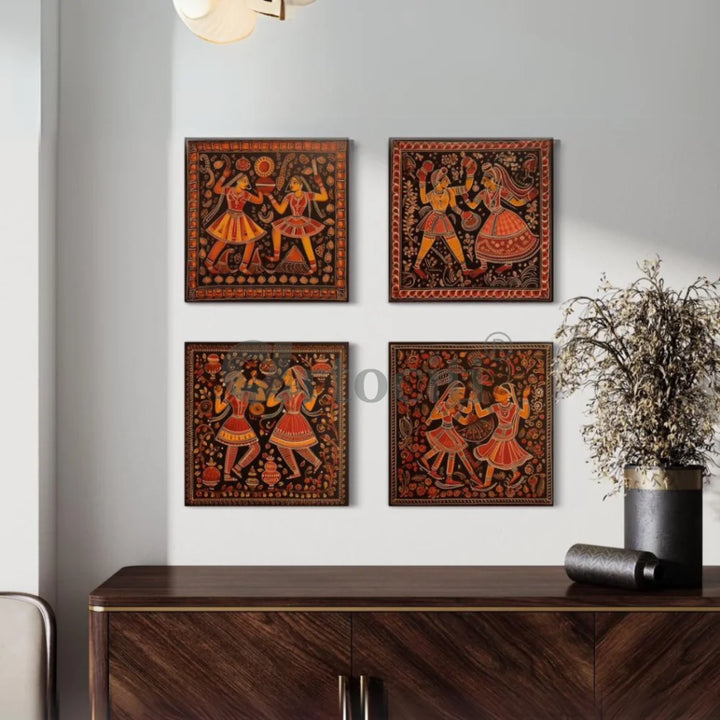 Dancing Couple Madhubani Art (Set of 4) Canvas Giclee Prints 10X10 INCHES