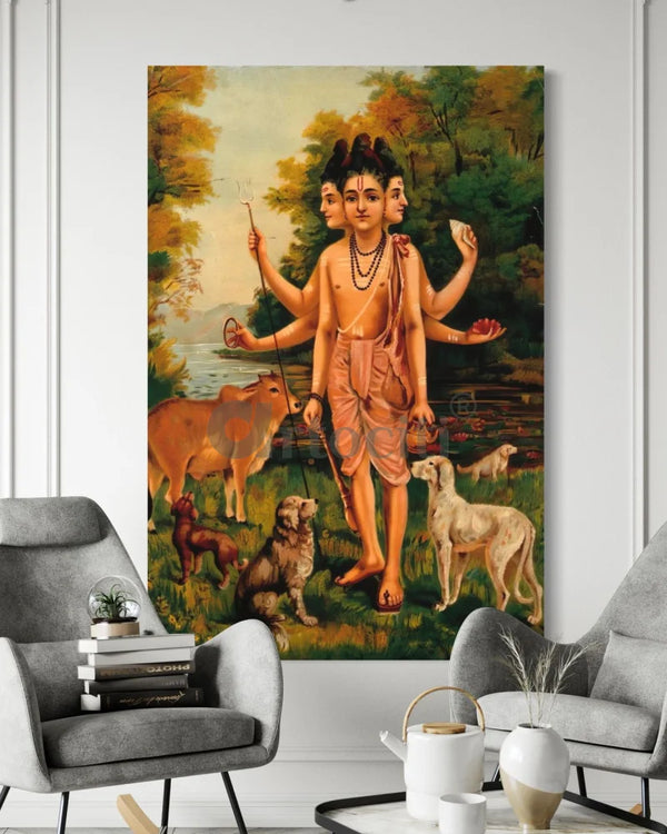 Dattatreya with His Four Dogs and Cow by Raja Ravi Varma Famous Canvas Painting Raja Ravi Verma