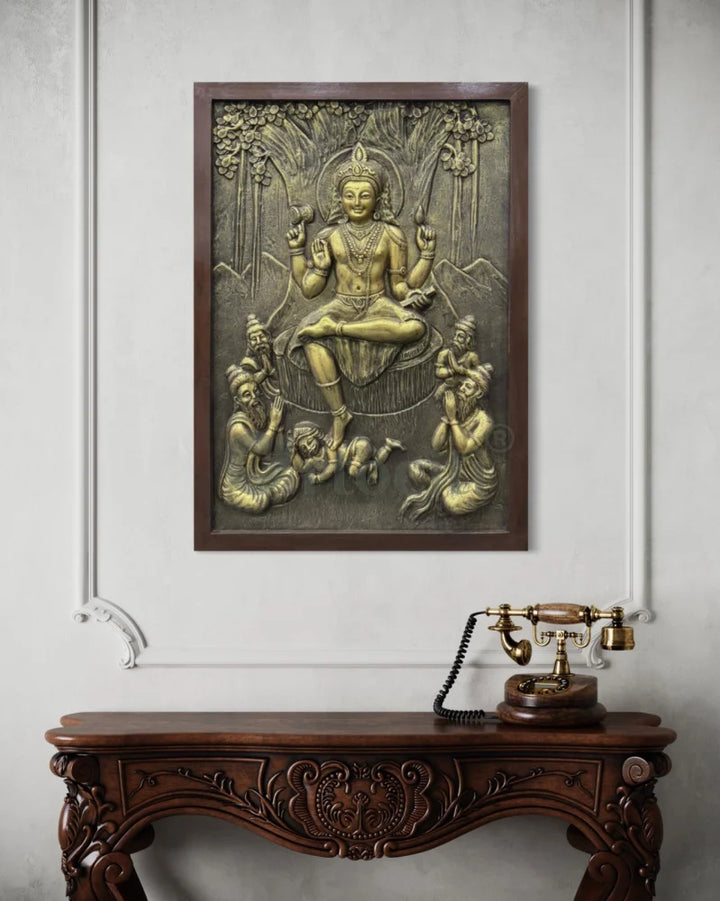Divine Enlightenment Dakshinamurthy 3D Relief Mural 3.5X2.5 Feet / Golden /Framed wall art