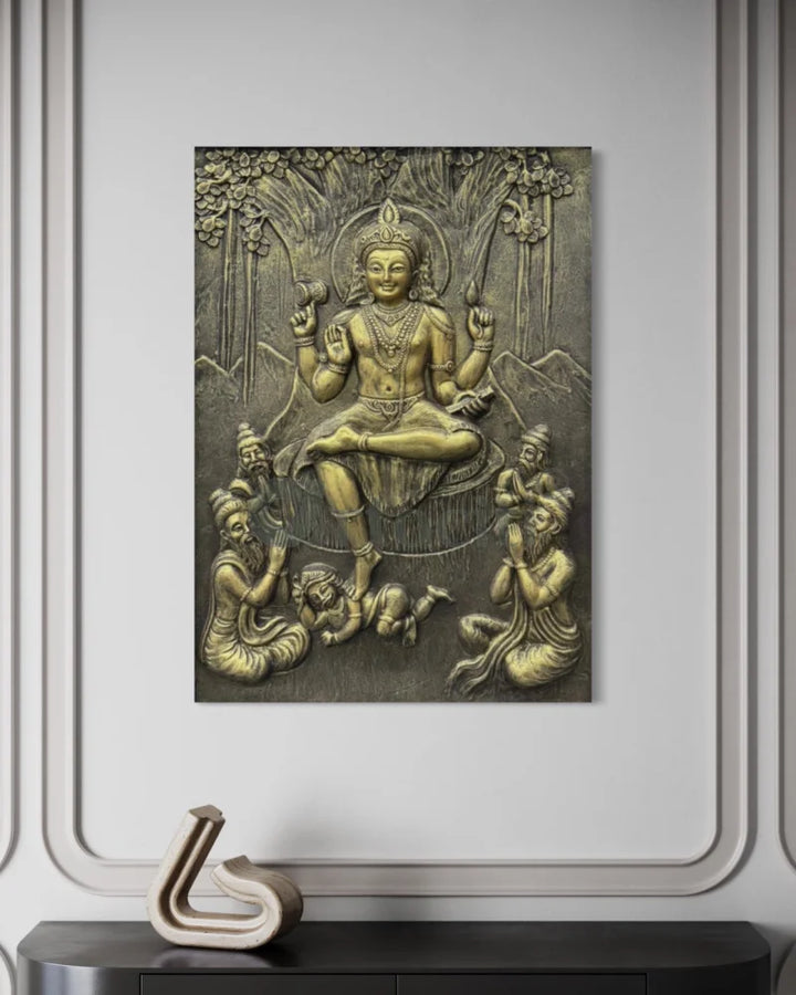 Divine Enlightenment Dakshinamurthy 3D Relief Mural 3.5X2.5 Feet / Golden/Frameless wall art