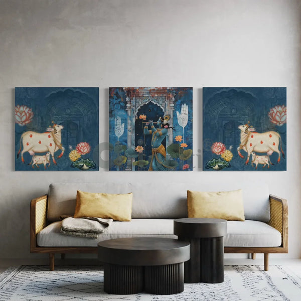 Divine Pichwai Trio: Krishna with Cows Pichwai (Set of 3) Canvas Set Set of 3 / 20X20 inches Pichwai Painting