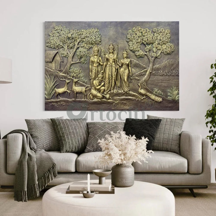 6x4 feet Divine Ram Darbar 3D Relief Mural Unframed / Golden