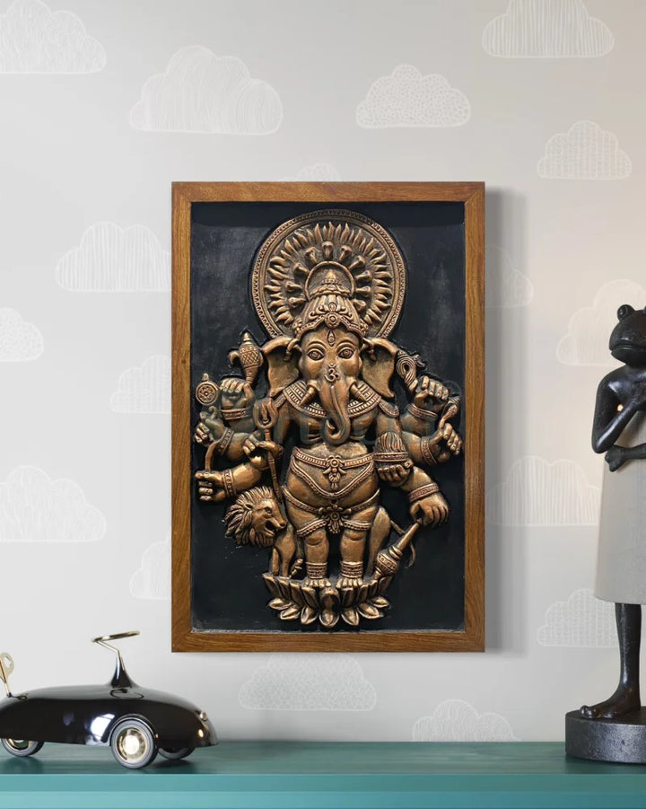Drishti Ganesha 3D Relief Mural Wall Art 24X16 Inch / Bronze / Framed Ganesha Wall Decor