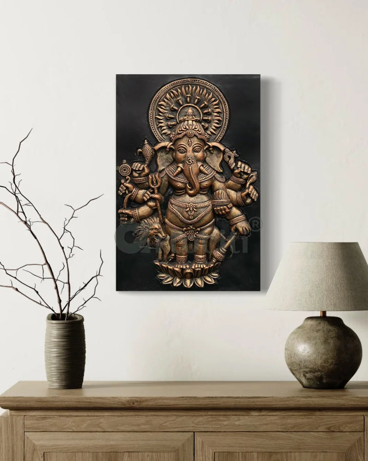 Drishti Ganesha 3D Relief Mural Wall Art 24X16 Inch / Bronze / Unframed Ganesha Wall Decor