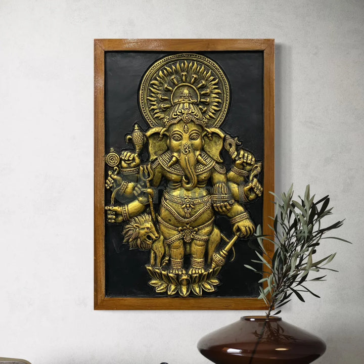 Drishti Ganesha 3D Relief Mural Wall Art 24X16 Inch / Gold / Framed Ganesha Wall Decor