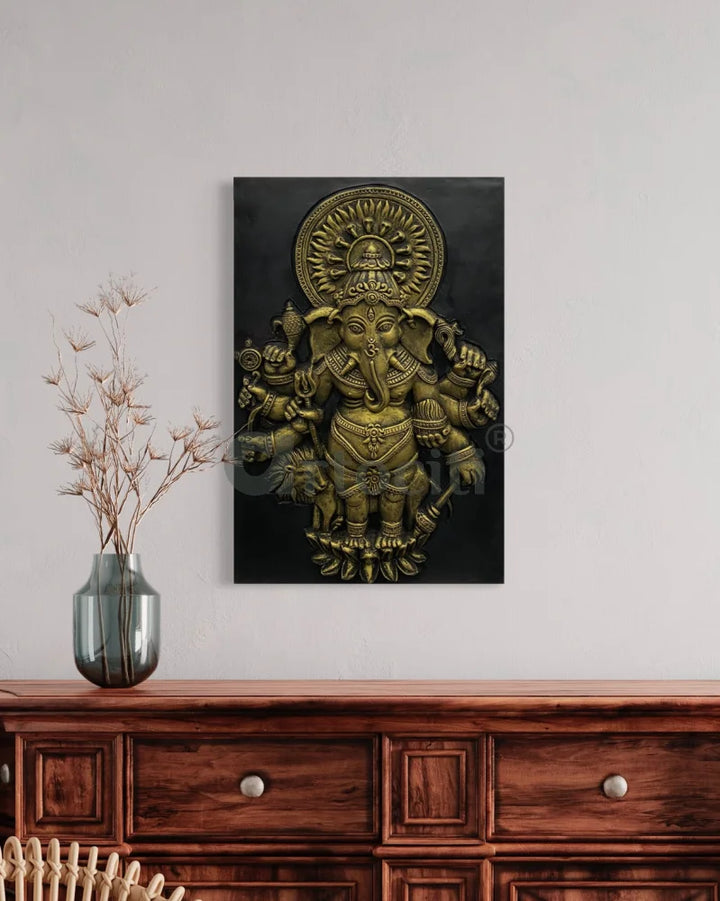 Drishti Ganesha 3D Relief Mural Wall Art 24X16 Inch / Gold / Unframed Ganesha Wall Decor
