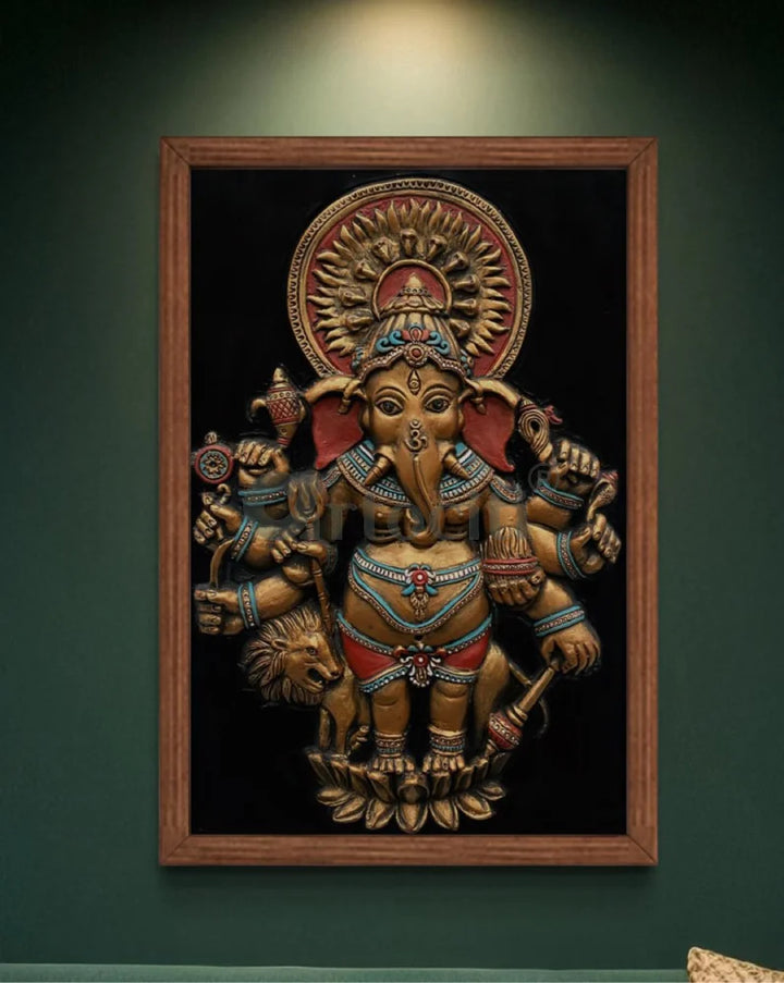 Drishti Ganesha 3D Relief Mural Wall Art 24X16 Inch / Multi / Framed Ganesha Wall Decor