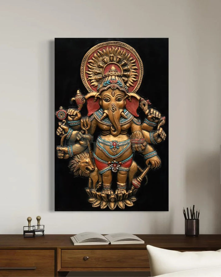 Drishti Ganesha 3D Relief Mural Wall Art 24X16 Inch / Multi / Unframed Ganesha Wall Decor