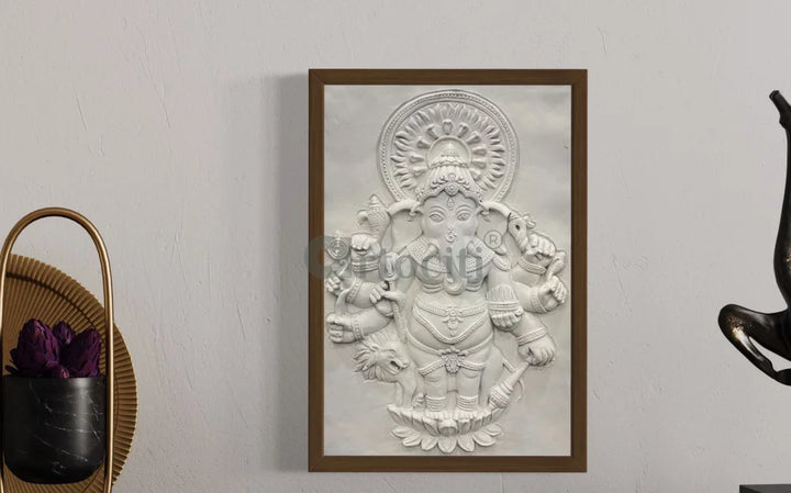 Drishti Ganesha 3D Relief Mural Wall Art 24X16 Inch / White / Framed Ganesha Wall Decor