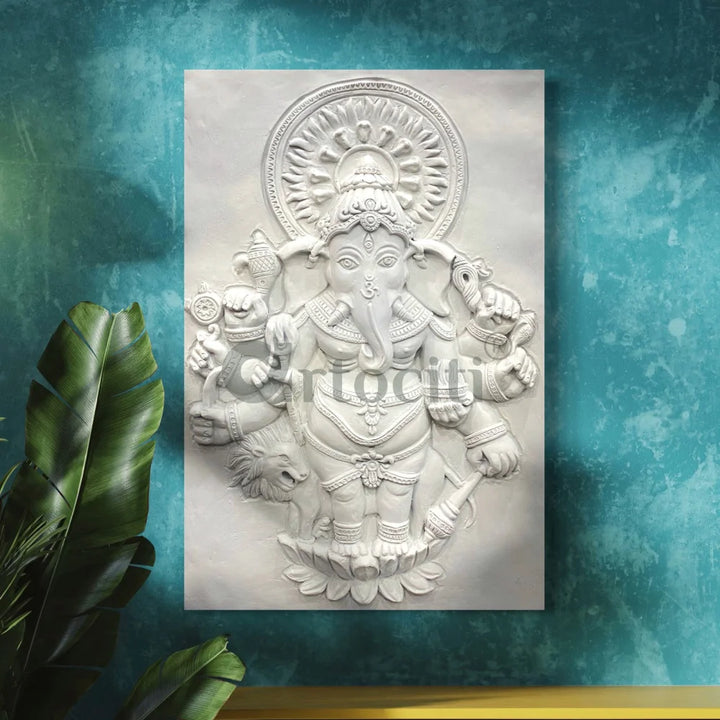 Drishti Ganesha 3D Relief Mural Wall Art 24X16 Inch / White / Unframed Ganesha Wall Decor