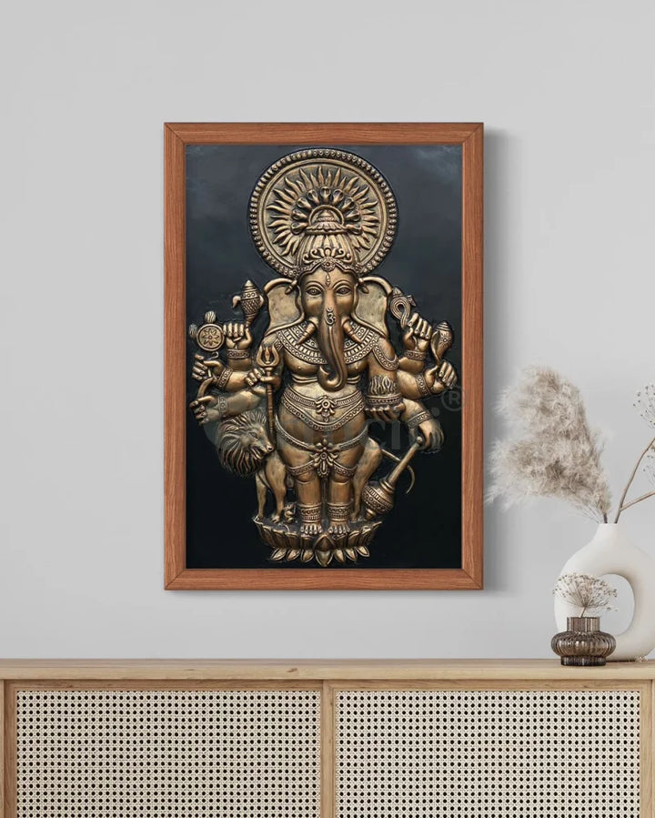 Drishti Ganesha 3D Relief Mural Wall Art 36X24 Inches / Bronze / Framed Ganesha Wall Decor
