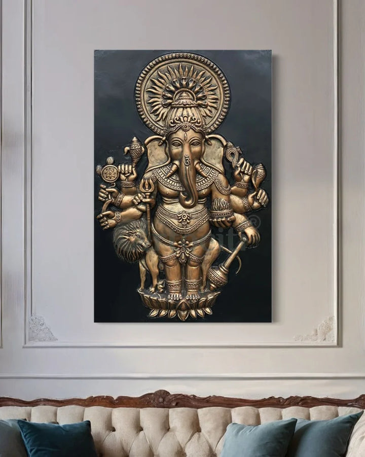 Drishti Ganesha 3D Relief Mural Wall Art 36X24 Inches / Bronze / Unframed Ganesha Wall Decor