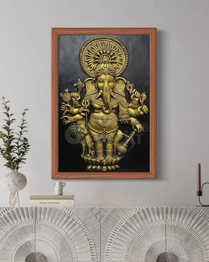 Drishti Ganesha 3D Relief Mural Wall Art 36X24 Inches / Gold / Framed Ganesha Wall Decor