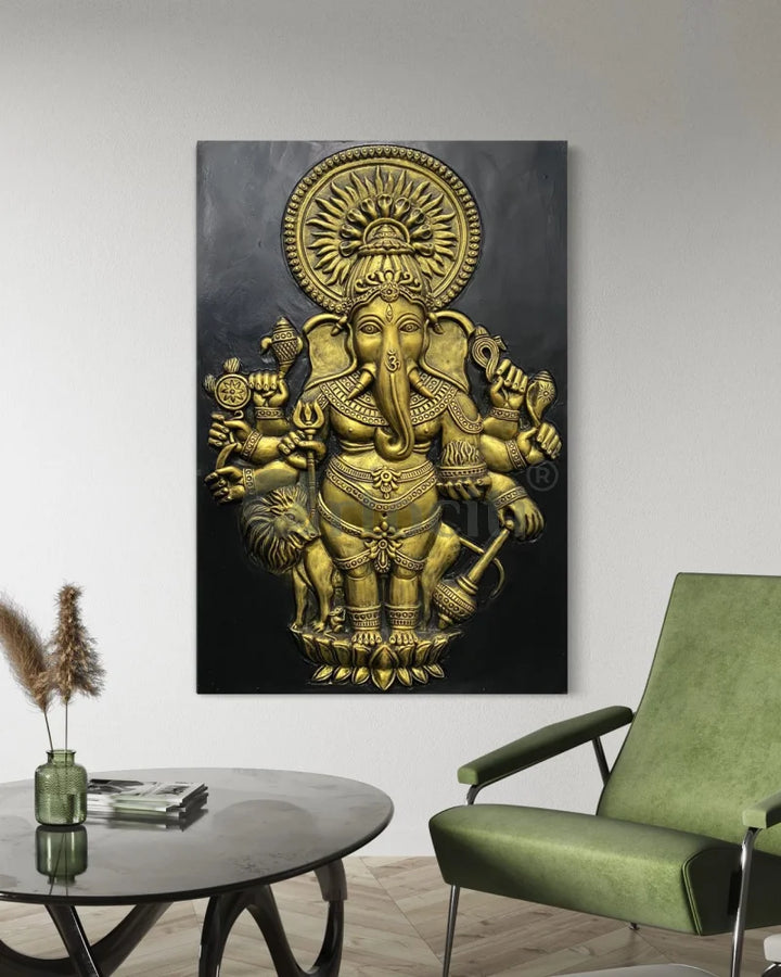 Drishti Ganesha 3D Relief Mural Wall Art 36X24 Inches / Gold / Unframed Ganesha Wall Decor