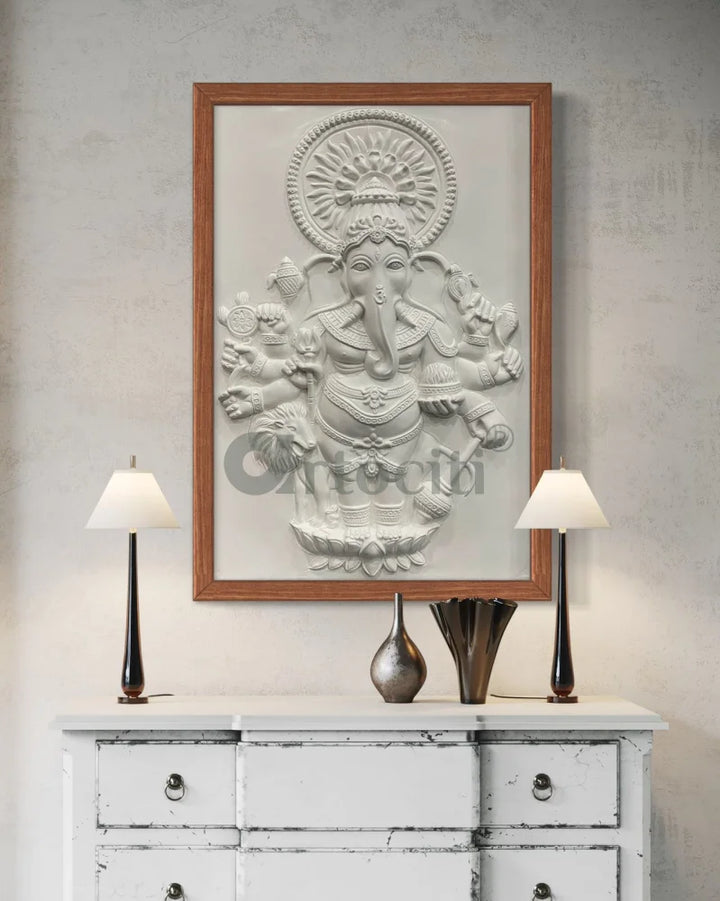 Drishti Ganesha 3D Relief Mural Wall Art 36X24 Inches / White / Framed Ganesha Wall Decor