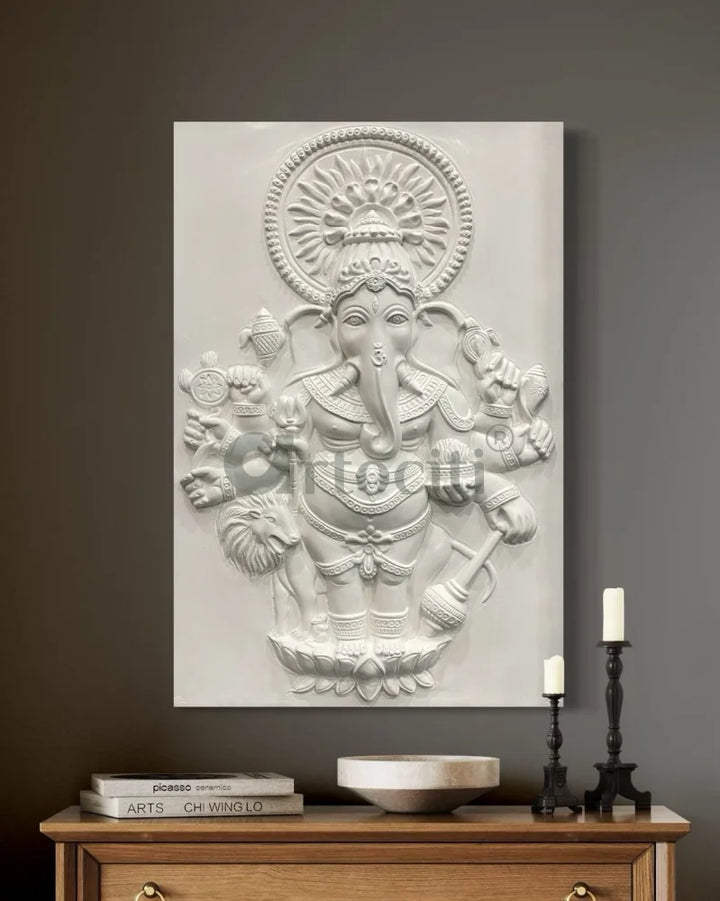 Drishti Ganesha 3D Relief Mural Wall Art 36X24 Inches / White / Unframed Ganesha Wall Decor
