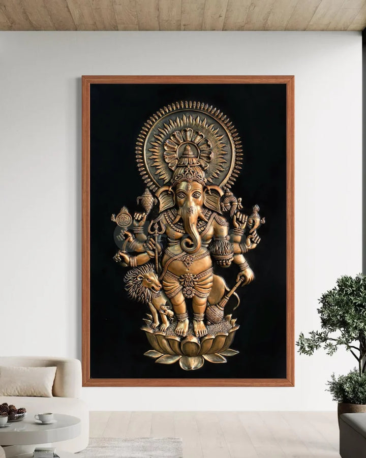 Drishti Ganesha 3D Relief Mural Wall Art 72X48 Inches / Bronze / Framed Ganesha Wall Decor