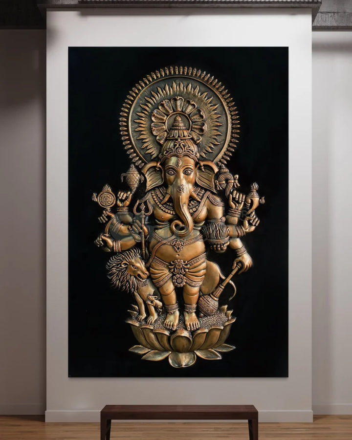 Drishti Ganesha 3D Relief Mural Wall Art 72X48 Inches / Bronze / Unframed Ganesha Wall Decor