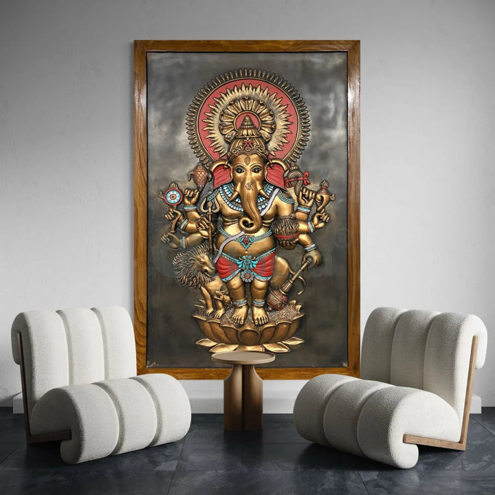 Drishti Ganesha 3D Relief Mural Wall Art 72X48 Inches / Multi / Framed Ganesha Wall Decor