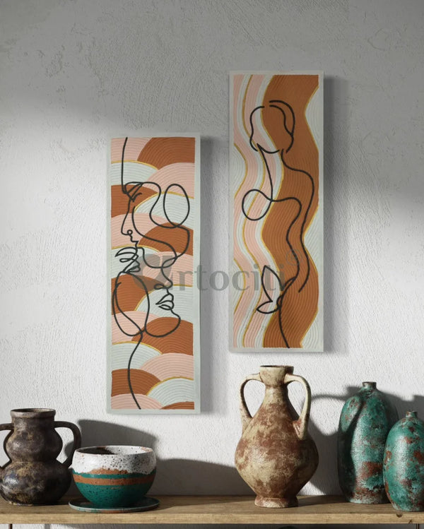 Elegant Duo Set of 2 Abstract Lady Modern Textured Art Set of 2 / 24X8 Inches