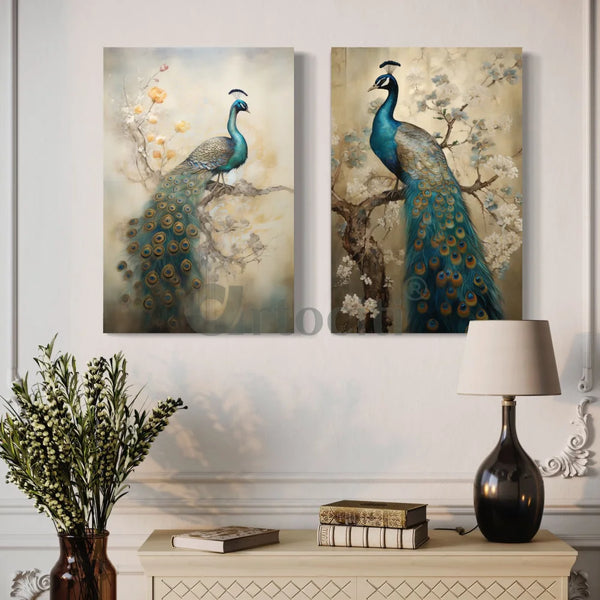 Ethereal Peacock: Duets Indian Ethnic Canvas Art Set Set of 2 / 20’’ X 30’’