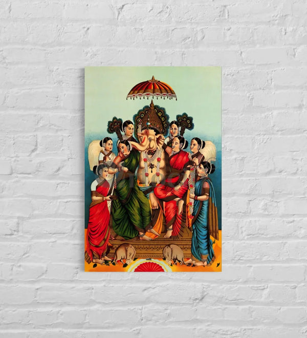 Ganesha and His Two Wives by Raja Ravi Varma Famous Canvas Painting 12X18 Inches Raja Ravi Verma