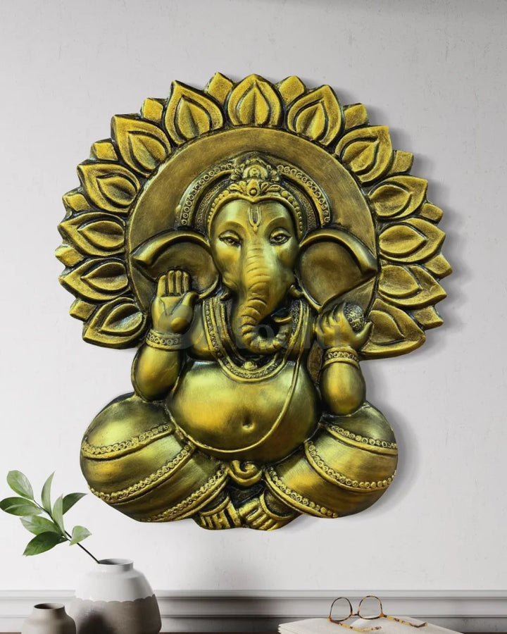 Ganesha with Chakra 3D Relief Mural Wall Art 27X24 Inches / Golden / Left Face Trunk