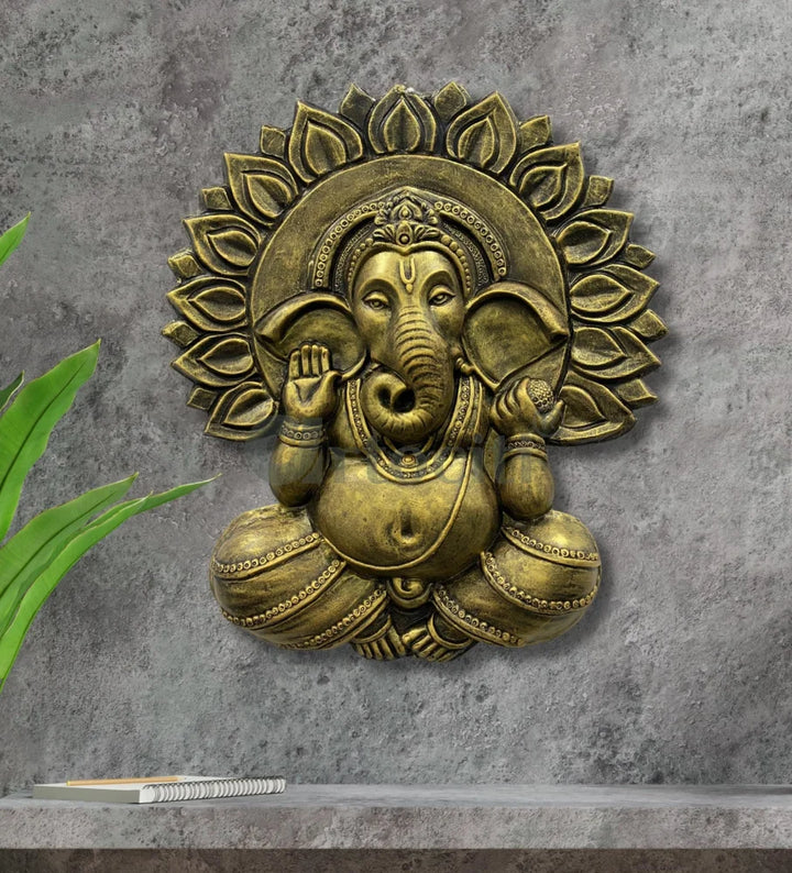 Ganesha with Chakra 3D Relief Mural Wall Art 27X24 Inches / Golden / Right Face Trunk