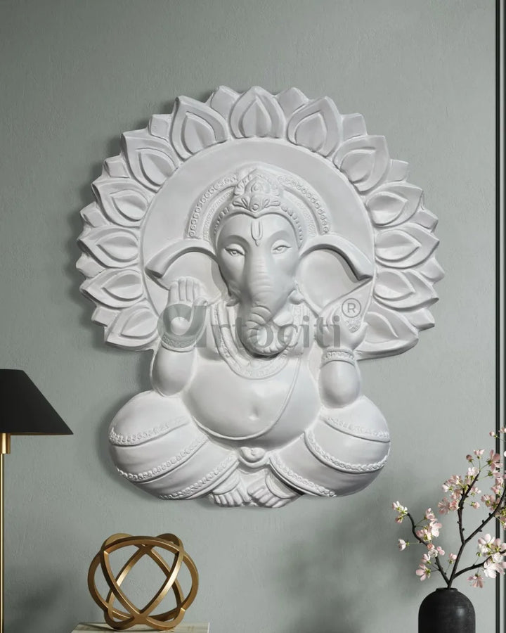 Ganesha with Chakra 3D Relief Mural Wall Art 27X24 Inches / White / Left Face Trunk