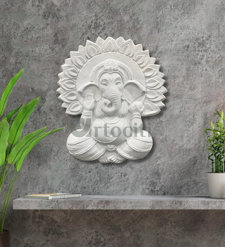 Ganesha with Chakra 3D Relief Mural Wall Art 27X24 Inches / White / Right Face Trunk