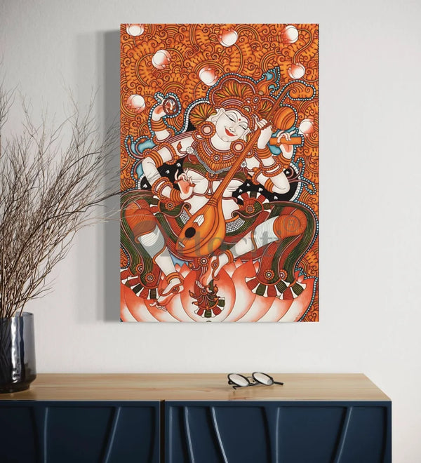 Goddess Saraswati Sitar Art: Vibrant Kerala Mural Canvas 16’’ X 24’’