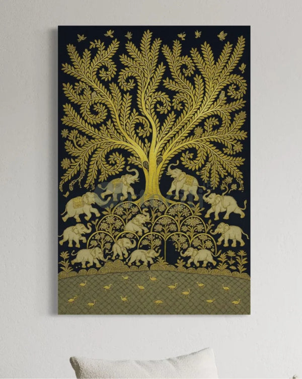 Golden Elephant Procession Under Tree of Life | Kalamkari Art Canvas Painting 18X12 Inch