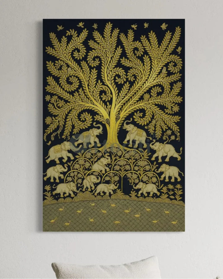 Golden Elephant Procession Under Tree of Life | Kalamkari Art Canvas Painting 18X12 Inch