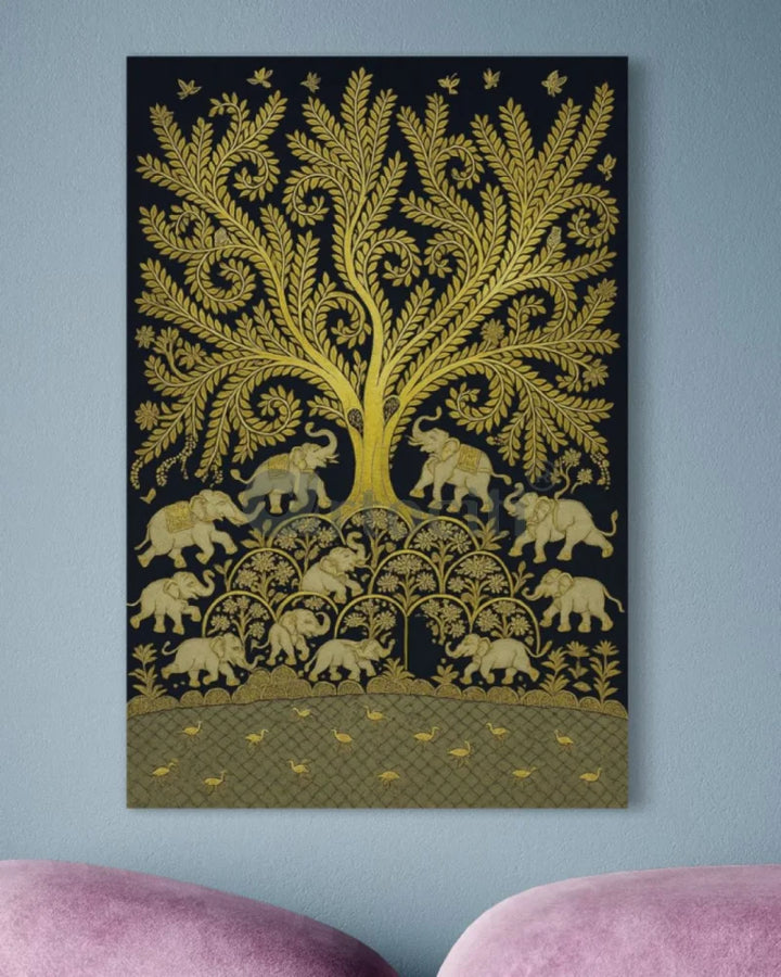 Golden Elephant Procession Under Tree of Life | Kalamkari Art Canvas Painting 24X16 Inch