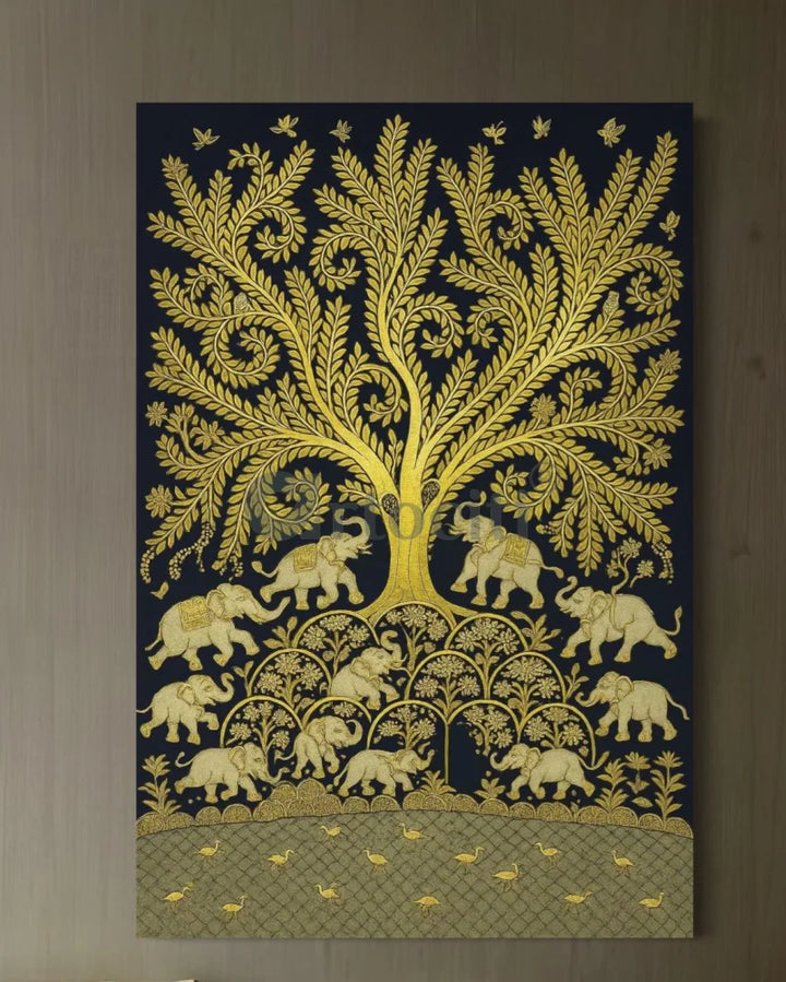 Golden Elephant Procession Under Tree of Life | Kalamkari Art Canvas Painting 30X20 Inch