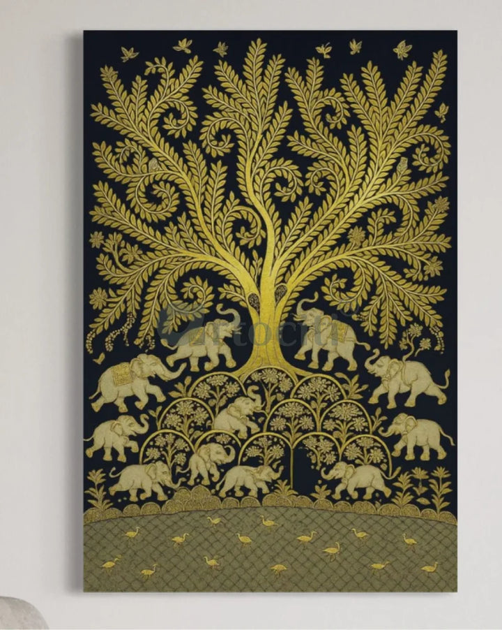 Golden Elephant Procession Under Tree of Life | Kalamkari Art Canvas Painting 48X32 Inch