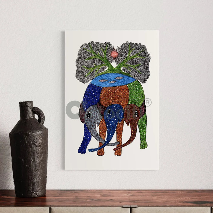 Gond Art Trio: Multicolor Three Elephant with Tree Canvas Print 24X16 Inches