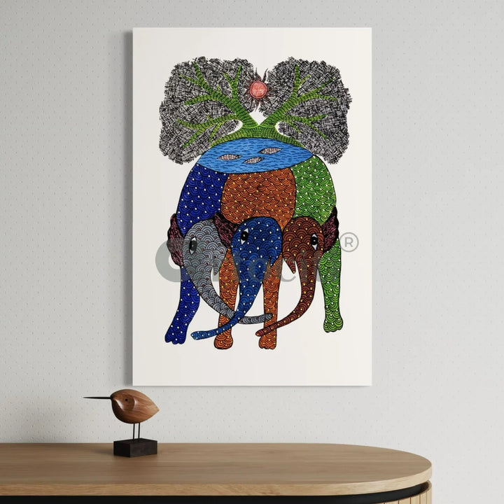 Gond Art Trio: Multicolor Three Elephant with Tree Canvas Print 30X20 Inches
