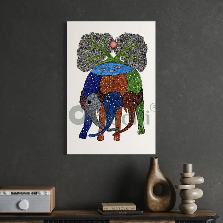 Gond Art Trio: Multicolor Three Elephant with Tree Canvas Print