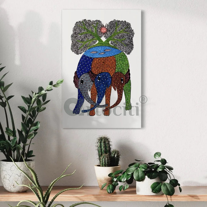 Gond Art Trio: Multicolor Three Elephant with Tree Canvas Print