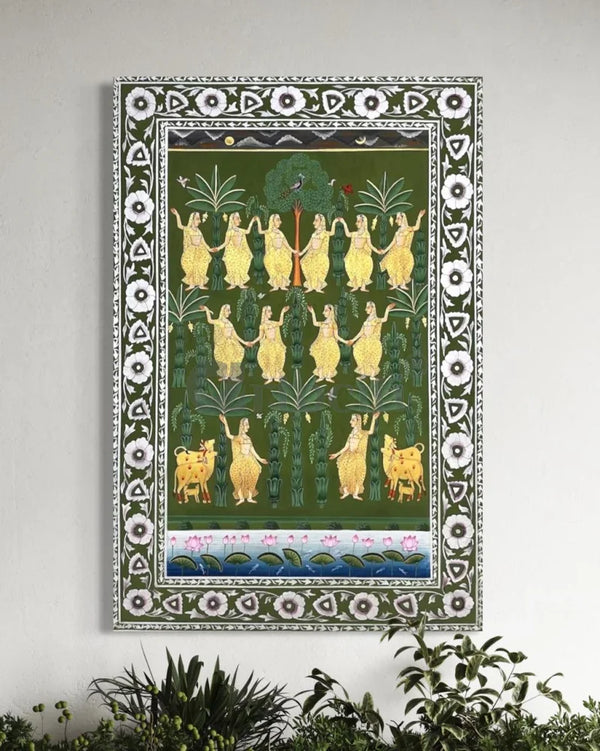 Gopis Dancing in Basant Ritu Festival Pichwai Canvas Painting - Traditional Nathdwara style 48X32 INCHES