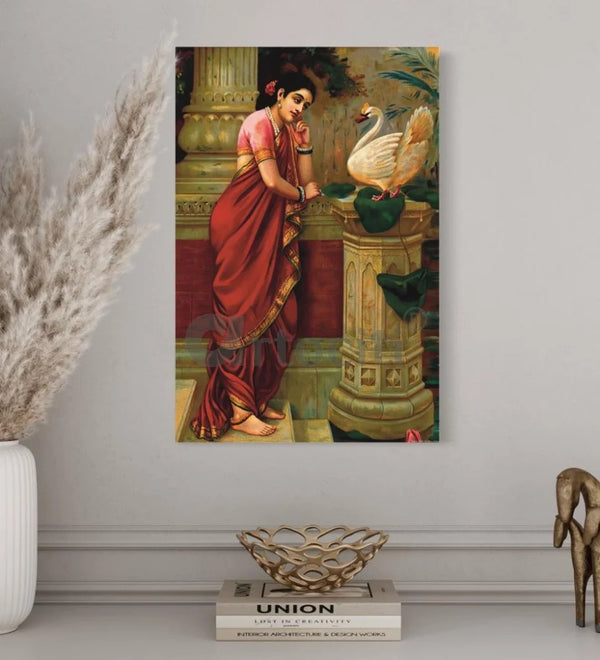 Hamsa Damayanthi by Raja Ravi Varma Famous Canvas Painting Hamsa Damayanthi / 12X18 Inches Raja Ravi Verma