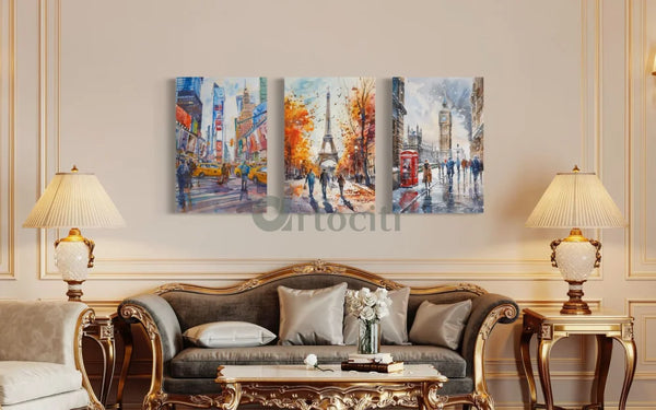Iconic Foreign Cities New York Paris London Canvas Giclee Print Set of 3 / 24X16 inches