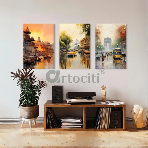 Iconic Indian Cities Canvas Set: Banaras Kolkata Delhi World Famous Cities Set of 3 / 24X16 inches wall art