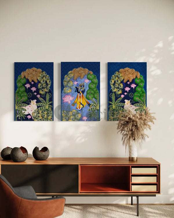 Indian Colorful Krishna Pichwai Wall Canvas Painting (Set of 3) 30X20 inches Pichwai Painting
