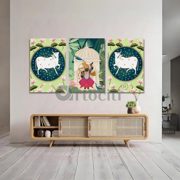 Indian Pastel Green Shreenath Ji Pichwai Painting Set of 3 24X16 inches (Set of 3) Pichwai Painting