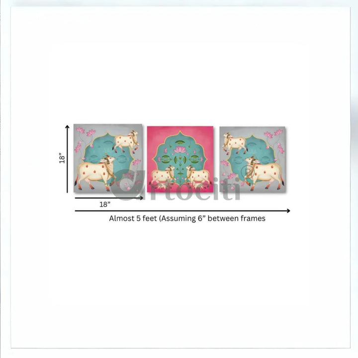 Indian Pastel Krishna Cow Pichwai Painting Wall Painting (Set of 3) Giclee Print Pichwai Painting